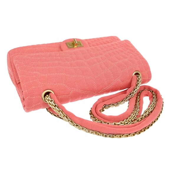 CHANEL Logo 2.55 Double Flap Chain Shoulder Bag Canvas Leather Pink - Picture 5 of 16